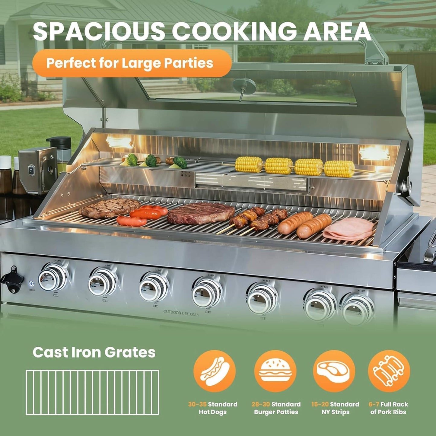 Blazon 128-Inch 6-Burner 120K BTU Outdoor Kitchen Island with Pizza Oven, Rotisserie & Refrigerator