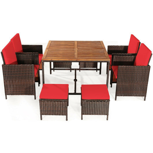 9 Pieces Patio Rattan Dining Cushioned Chairs Set - Red