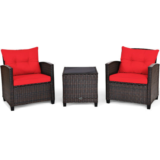 3 Pcs Patio Rattan Furniture Set Cushioned Conversation Set Coffee Table - Red