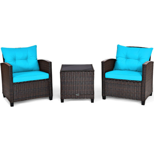3 Pcs Patio Rattan Furniture Set Cushioned Conversation Set Coffee Table - Turquoise