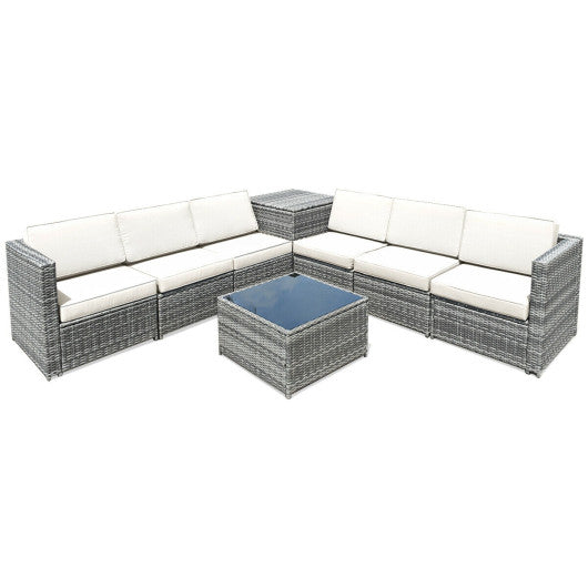 8 Piece Wicker Sofa Rattan Dinning Set Patio Furniture with Storage Table - White