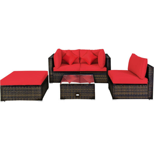 5 PCS Outdoor Patio Rattan Furniture Set Sectional Conversation with Navy Cushions - Red
