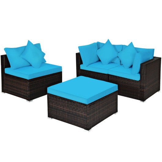 4 PCS Ottoman Garden Deck Patio Rattan Wicker Furniture Set Cushioned Sofa - Turquoise