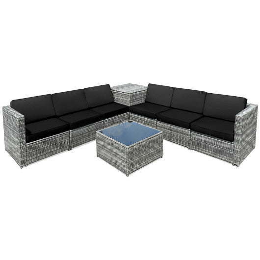 8 Piece Wicker Sofa Rattan Dining Set Patio Furniture with Storage Table - Black