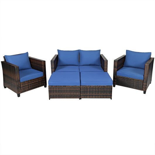 5 Pieces Patio Cushioned Rattan Furniture Set - Navy