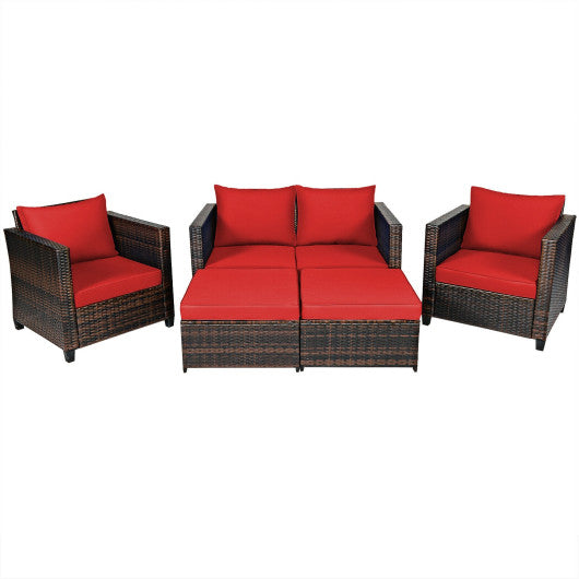 5 Pieces Patio Cushioned Rattan Furniture Set - Red
