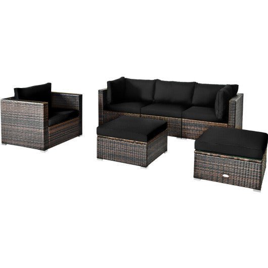 6 PCS Patio Rattan Furniture Set with Sectional Cushion - Black