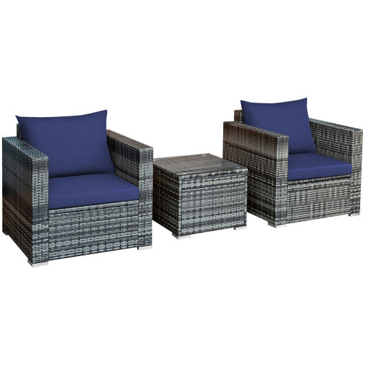 3 Pcs Patio Rattan Furniture Bistro Sofa Set with Cushioned - Navy