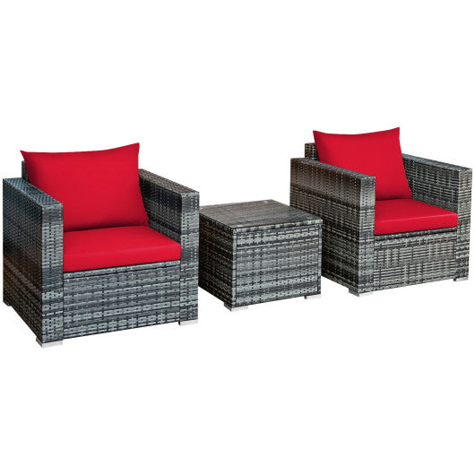 3 Pcs Patio Rattan Furniture Bistro Sofa Set with Cushioned - Red