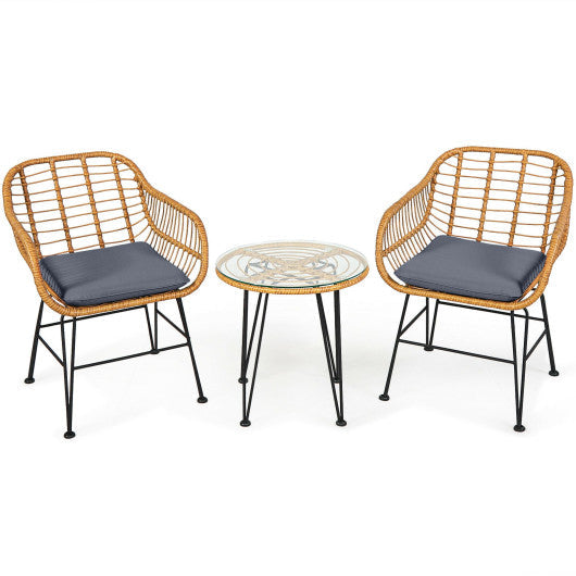 3 Pieces Rattan Furniture Set with Cushioned Chair Table - Gray