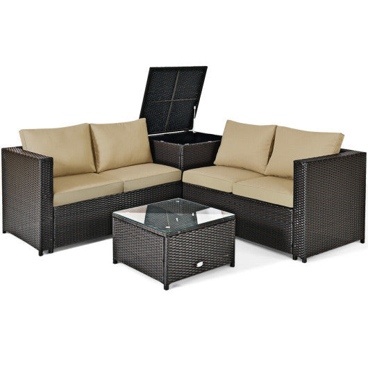 4 Pieces Outdoor Patio Rattan Furniture Set with Cushioned Loveseat and Storage Box - Brown