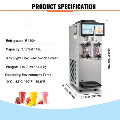 12L Commercial Single Tank Stainless Steel Slushy Machine with Touchscreen