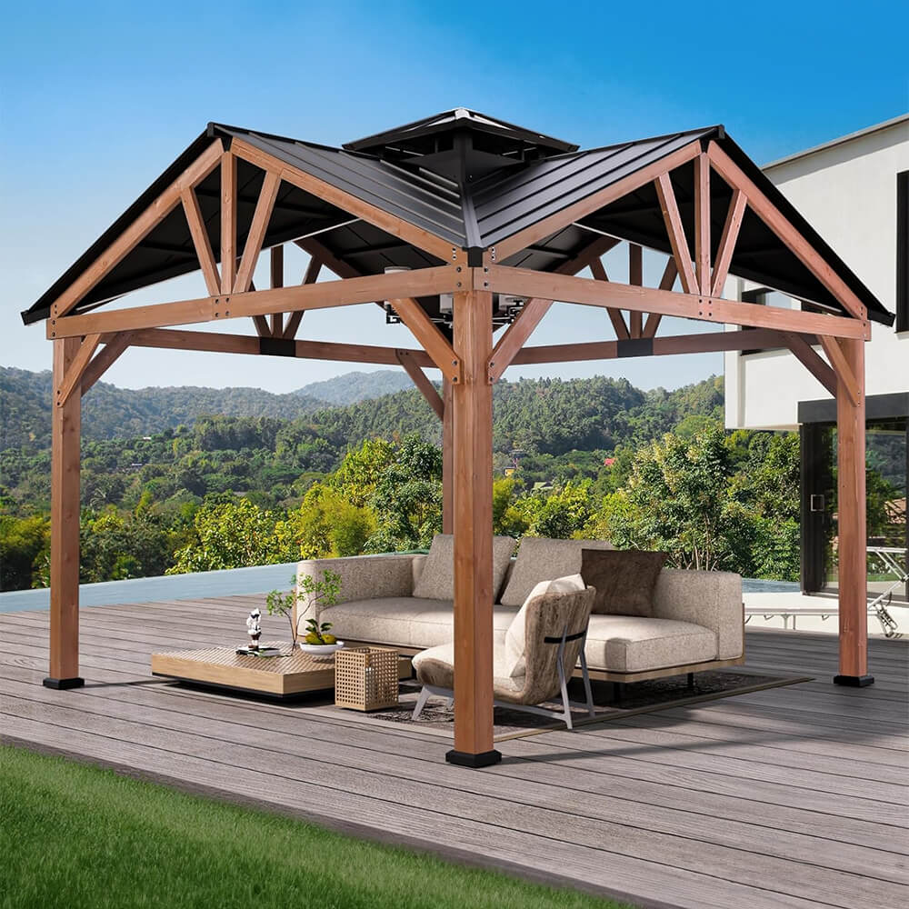 12' x 12' Alora Premium Outdoor Cedar Wood Hardtop Gazebo with Galvanized Steel Roof