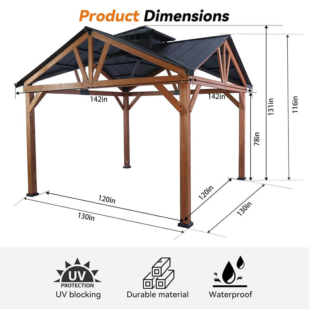 12' x 12' Alora Premium Outdoor Cedar Wood Hardtop Gazebo with Galvanized Steel Roof