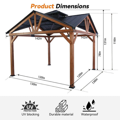 12' x 12' Alora Premium Outdoor Cedar Wood Hardtop Gazebo with Galvanized Steel Roof