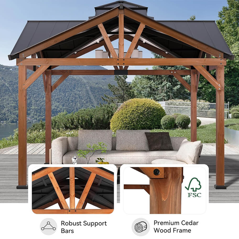 12' x 12' Alora Premium Outdoor Cedar Wood Hardtop Gazebo with Galvanized Steel Roof