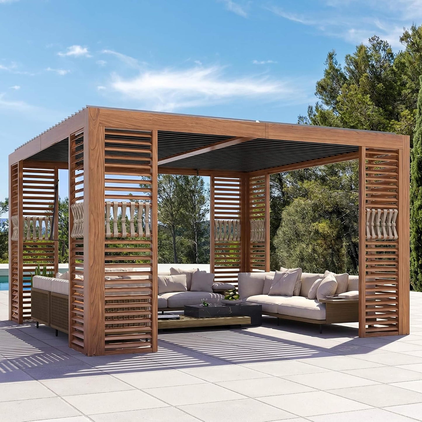 12FT X 12FT Alora Premium Outdoor Wood Grain Louvered Pergola with Integrated Drainage