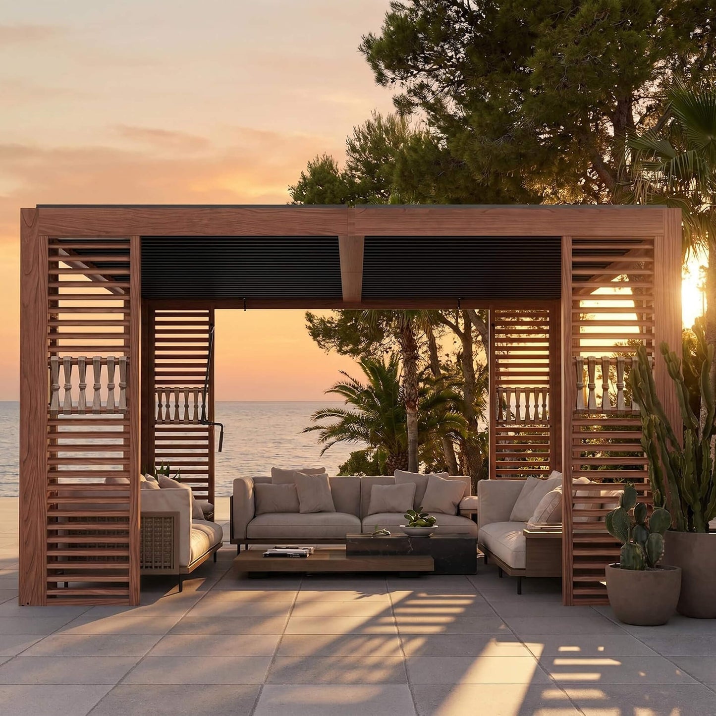 12FT X 12FT Alora Premium Outdoor Wood Grain Louvered Pergola with Integrated Drainage