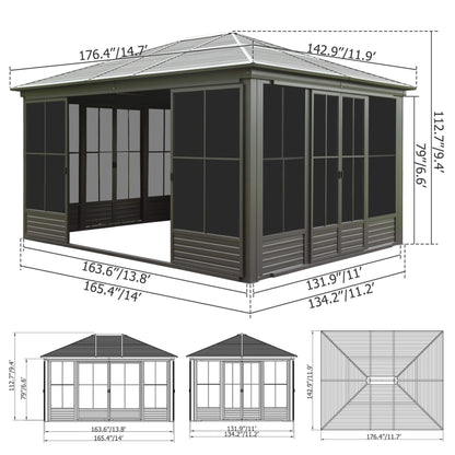 12' x 14' FT Alora Premium All-Weather Outdoor Aluminum Sunroom With Galvanized Steel Hardtop Sloping Roof, Lockable Doors, And Moveable PC Screens