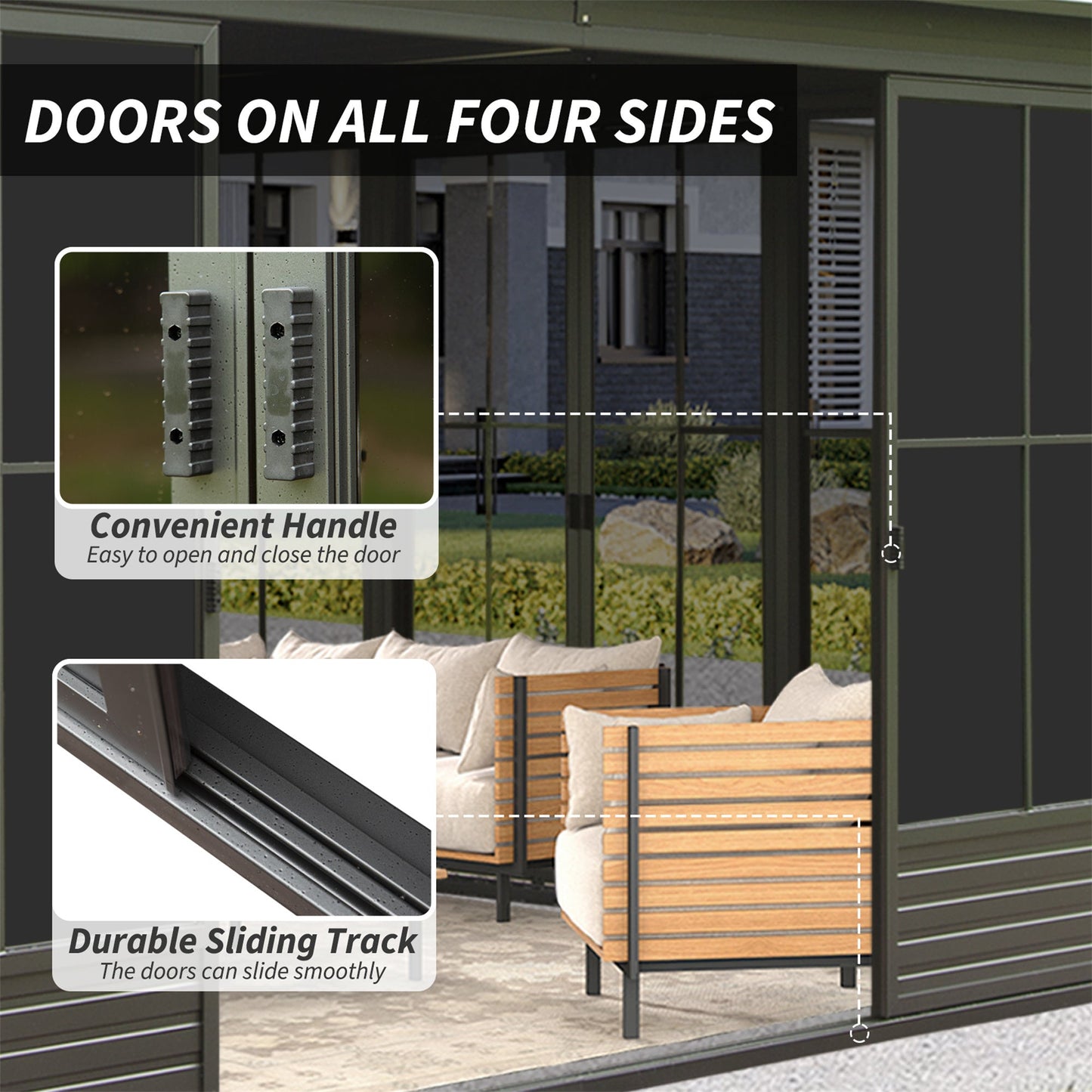 12' x 14' FT Alora Premium All-Weather Outdoor Aluminum Sunroom With Galvanized Steel Hardtop Sloping Roof, Lockable Doors, And Moveable PC Screens
