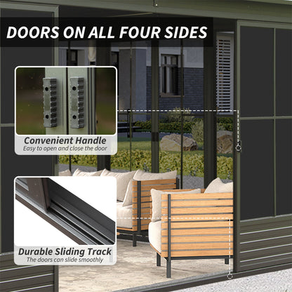 12' x 14' FT Alora Premium All-Weather Outdoor Aluminum Sunroom With Galvanized Steel Hardtop Sloping Roof, Lockable Doors, And Moveable PC Screens