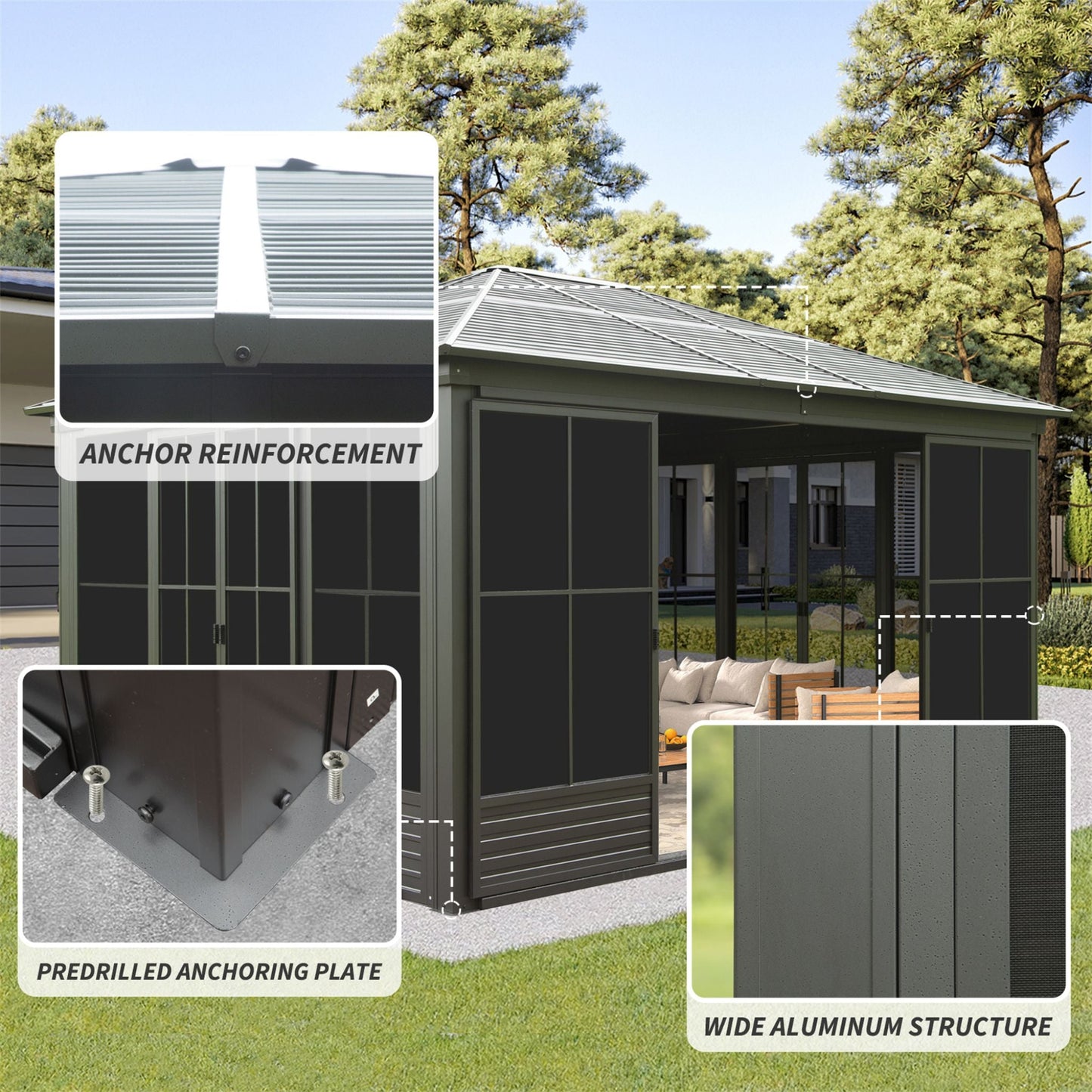 12' x 14' FT Alora Premium All-Weather Outdoor Aluminum Sunroom With Galvanized Steel Hardtop Sloping Roof, Lockable Doors, And Moveable PC Screens