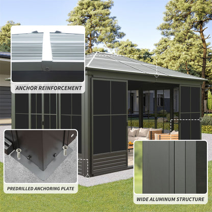 12' x 14' FT Alora Premium All-Weather Outdoor Aluminum Sunroom With Galvanized Steel Hardtop Sloping Roof, Lockable Doors, And Moveable PC Screens