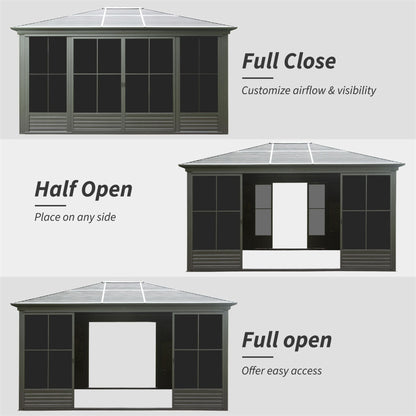12' x 14' FT Alora Premium All-Weather Outdoor Aluminum Sunroom With Galvanized Steel Hardtop Sloping Roof, Lockable Doors, And Moveable PC Screens