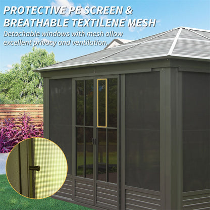 12' x 14' FT Alora Premium All-Weather Outdoor Aluminum Sunroom With Galvanized Steel Hardtop Sloping Roof, Lockable Doors, And Moveable PC Screens