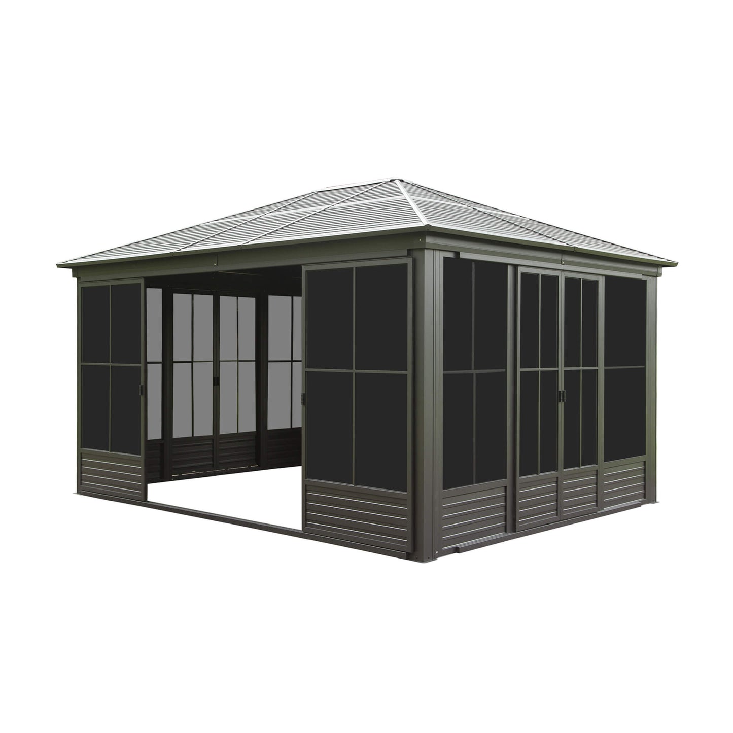 12' x 14' FT Alora Premium All-Weather Outdoor Aluminum Sunroom With Galvanized Steel Hardtop Sloping Roof, Lockable Doors, And Moveable PC Screens