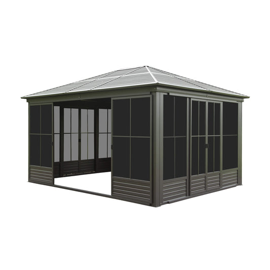 12' x 14' FT Alora Premium All-Weather Outdoor Aluminum Sunroom With Galvanized Steel Hardtop Sloping Roof, Lockable Doors, And Moveable PC Screens