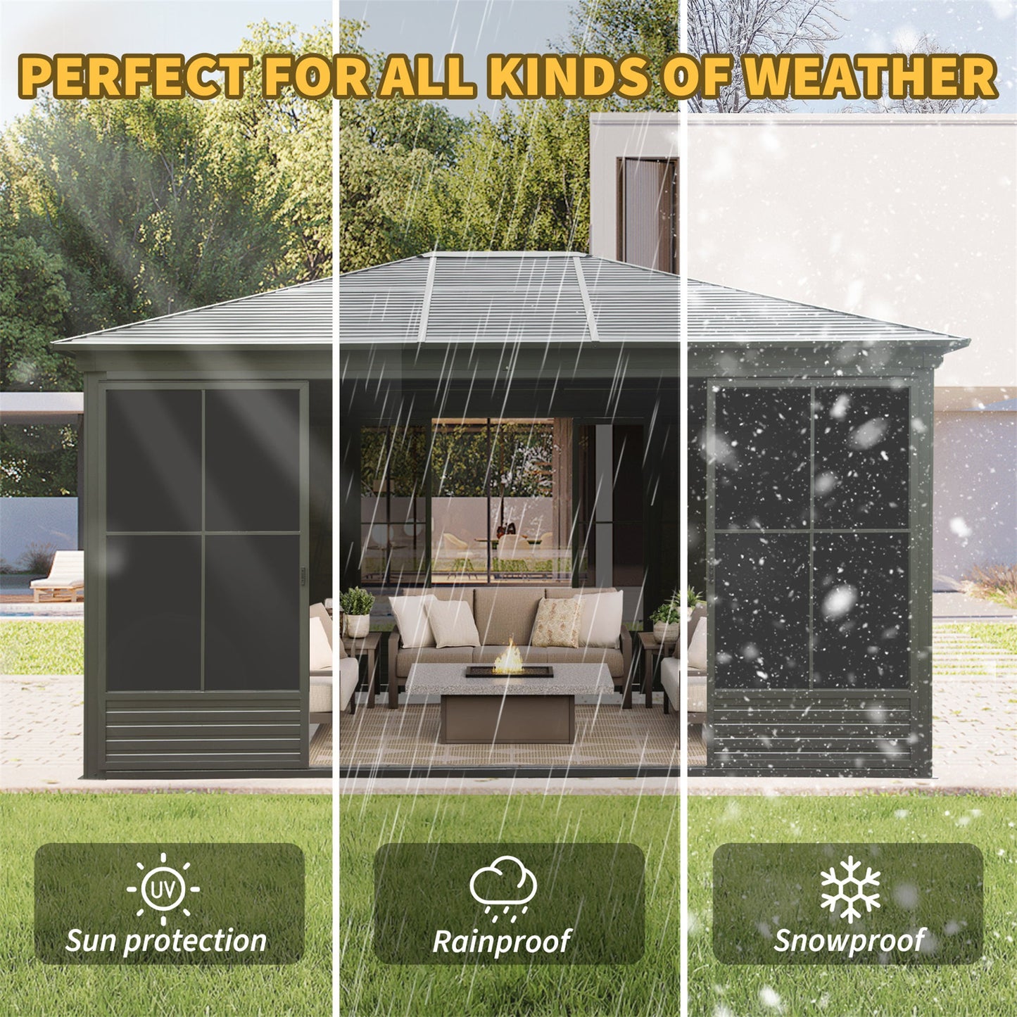 12' x 14' FT Alora Premium All-Weather Outdoor Aluminum Sunroom With Galvanized Steel Hardtop Sloping Roof, Lockable Doors, And Moveable PC Screens