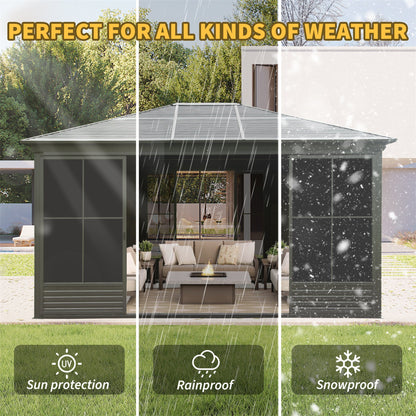 12' x 14' FT Alora Premium All-Weather Outdoor Aluminum Sunroom With Galvanized Steel Hardtop Sloping Roof, Lockable Doors, And Moveable PC Screens
