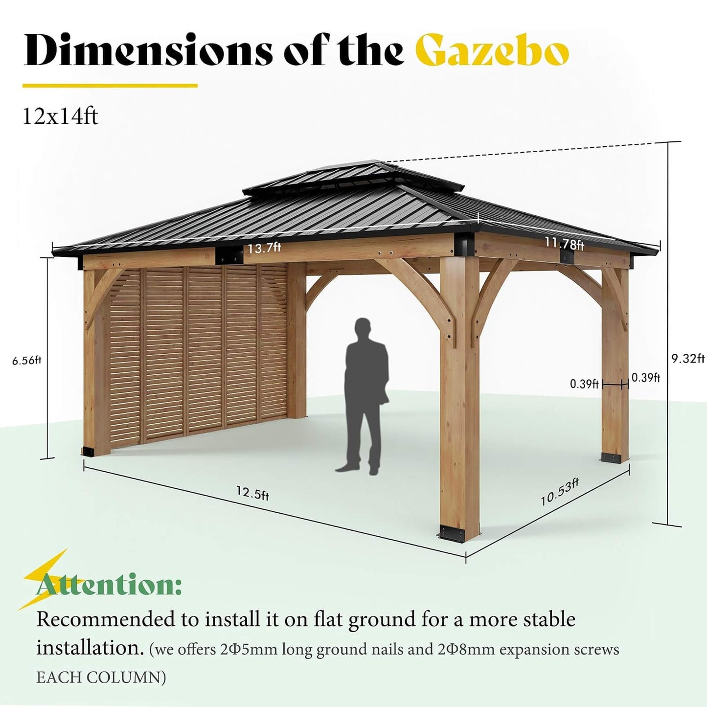 12FT X 14FT Alora Modern Double-Tier Hardtop Spruce Wood Gazebo with Built-In Privacy Wall & Ceiling Hooks