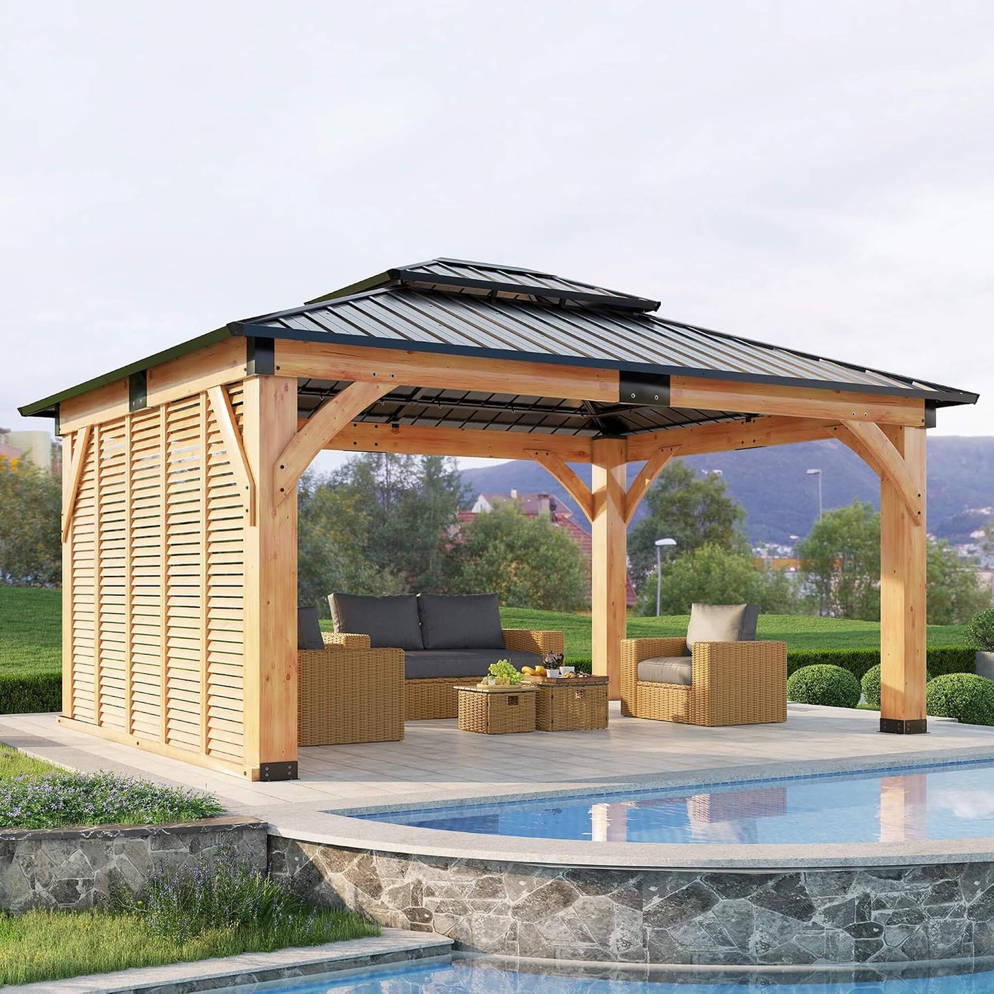 12FT X 14FT Alora Modern Double-Tier Hardtop Spruce Wood Gazebo with Built-In Privacy Wall & Ceiling Hooks
