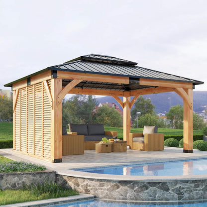 12FT X 14FT Alora Modern Double-Tier Hardtop Spruce Wood Gazebo with Built-In Privacy Wall & Ceiling Hooks
