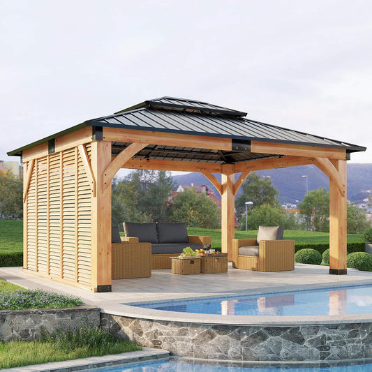 12FT X 14FT Alora Modern Double-Tier Hardtop Spruce Wood Gazebo with Built-In Privacy Wall & Ceiling Hooks