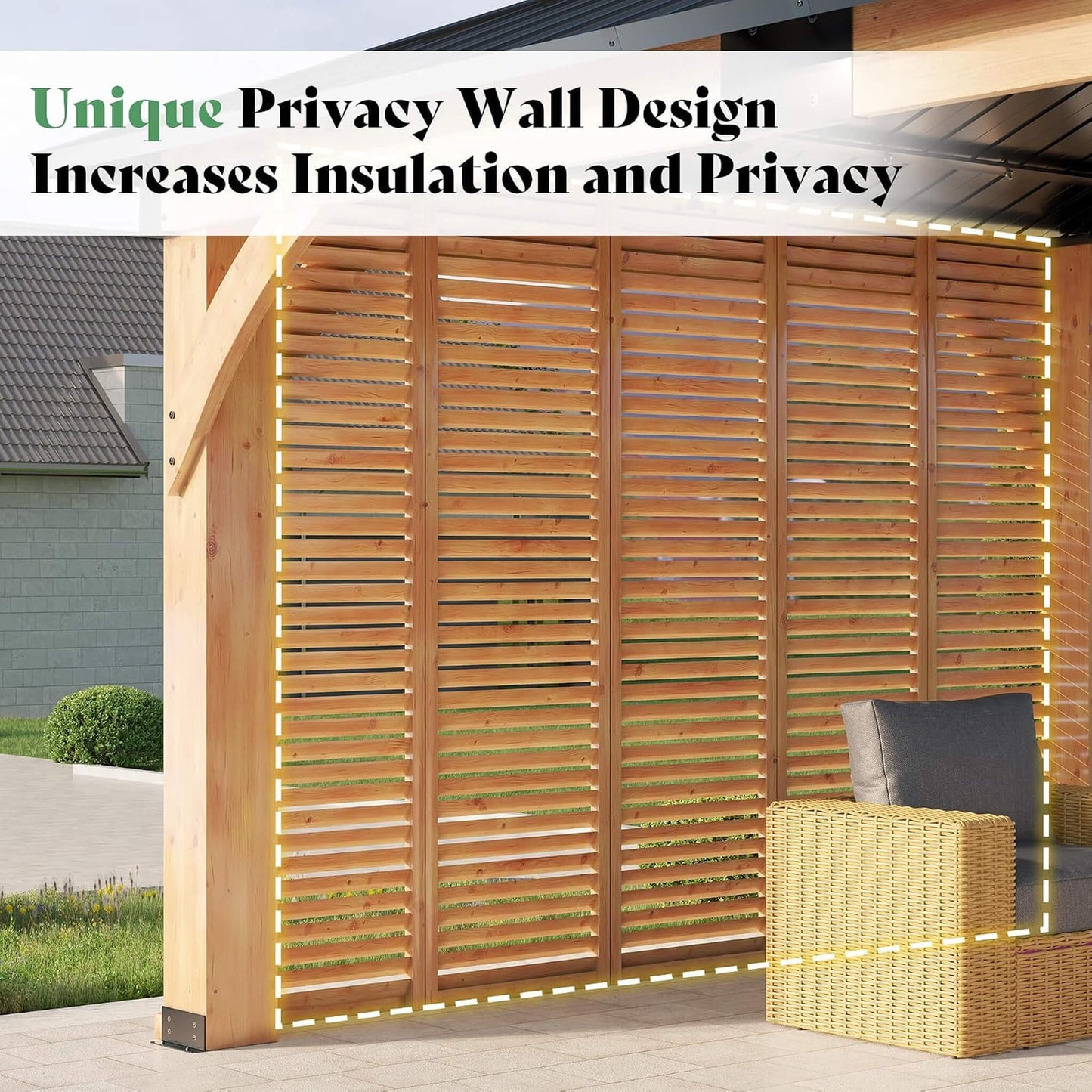 12FT X 14FT Alora Modern Double-Tier Hardtop Spruce Wood Gazebo with Built-In Privacy Wall & Ceiling Hooks