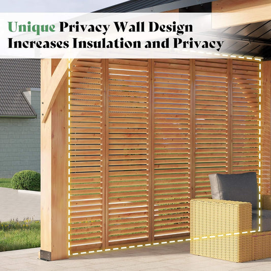 12FT X 14FT Alora Modern Double-Tier Hardtop Spruce Wood Gazebo with Built-In Privacy Wall & Ceiling Hooks