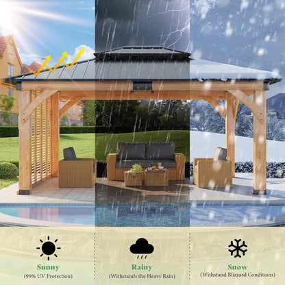 12FT X 14FT Alora Modern Double-Tier Hardtop Spruce Wood Gazebo with Built-In Privacy Wall & Ceiling Hooks