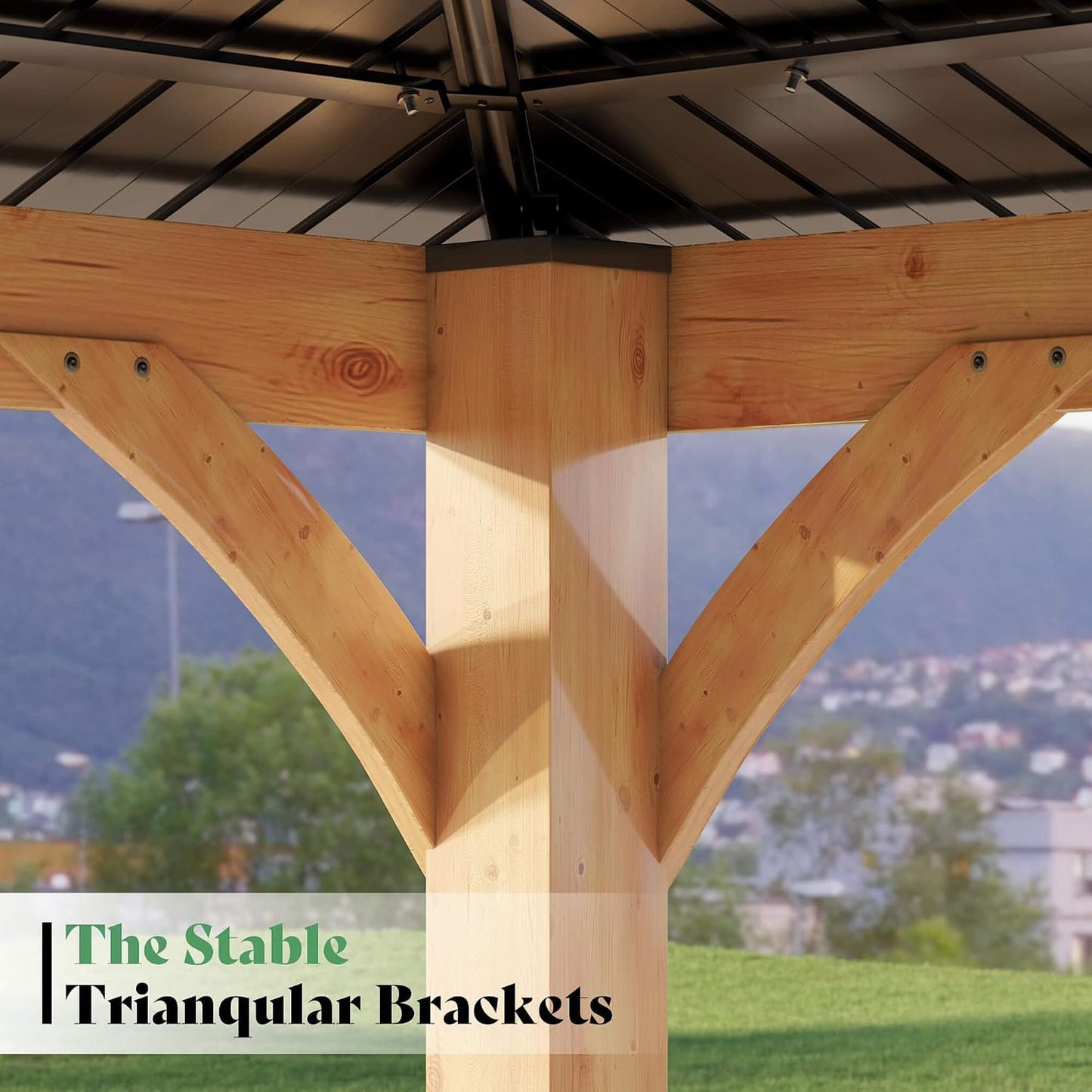 12FT X 14FT Alora Modern Double-Tier Hardtop Spruce Wood Gazebo with Built-In Privacy Wall & Ceiling Hooks