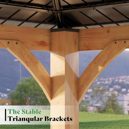 12FT X 14FT Alora Modern Double-Tier Hardtop Spruce Wood Gazebo with Built-In Privacy Wall & Ceiling Hooks