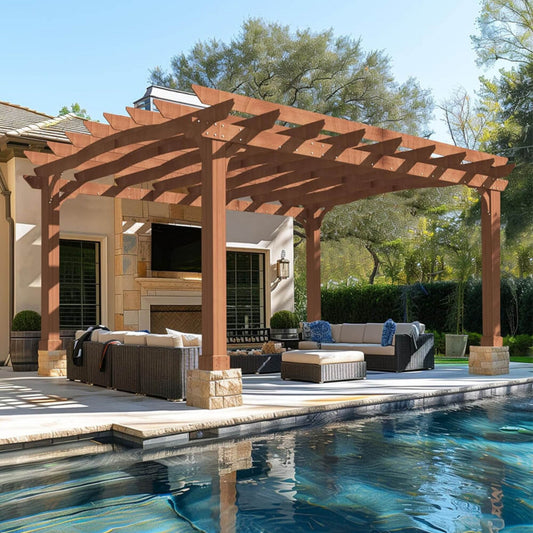 12' x 14' Alora Luxury Outdoor All-Season Cedar Wood Gazebo Pergola with Arched Roof And Stakes For Patios