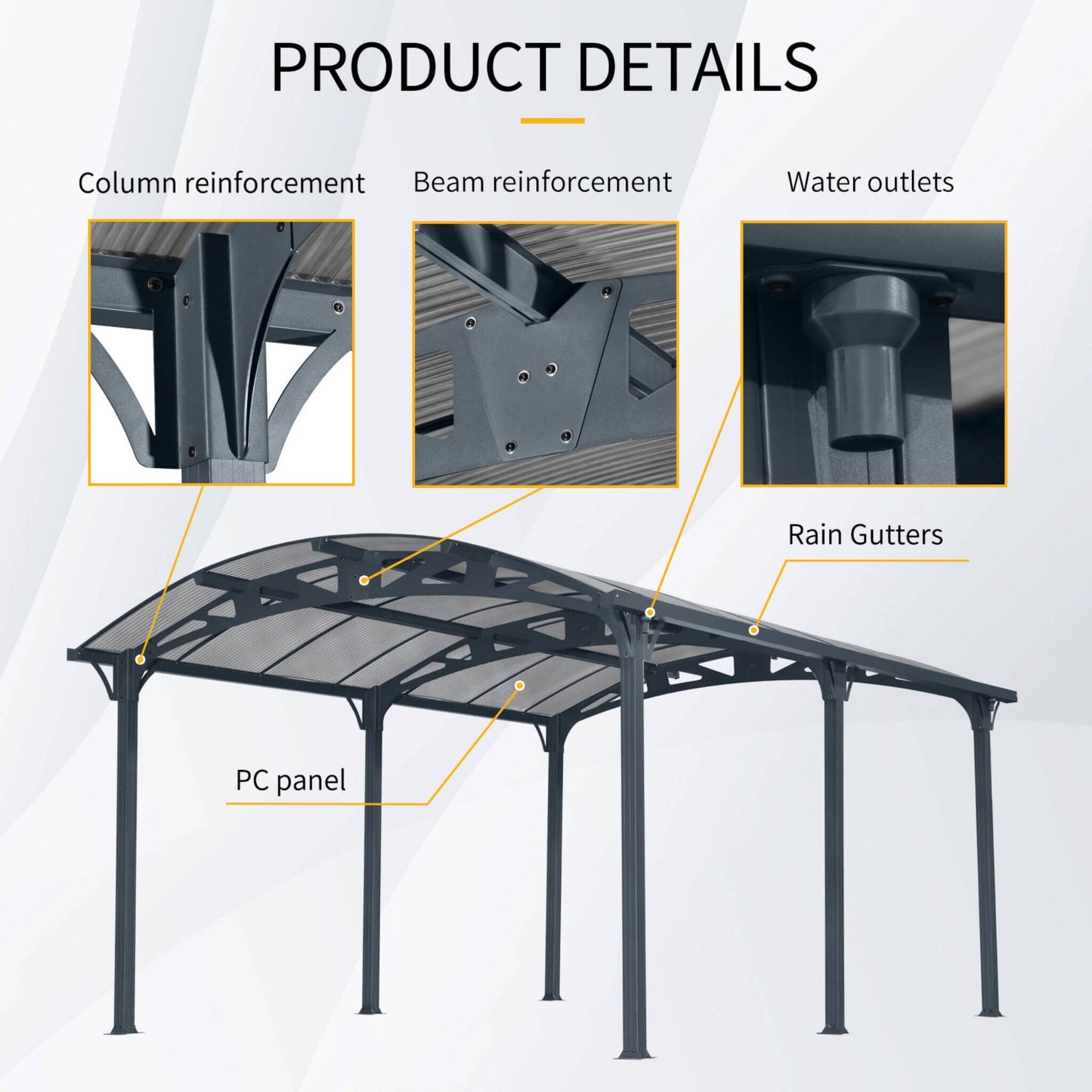 12' x 16' FT Alora Large Outdoor Aluminum Arch Carport With Polycarbonate Panels