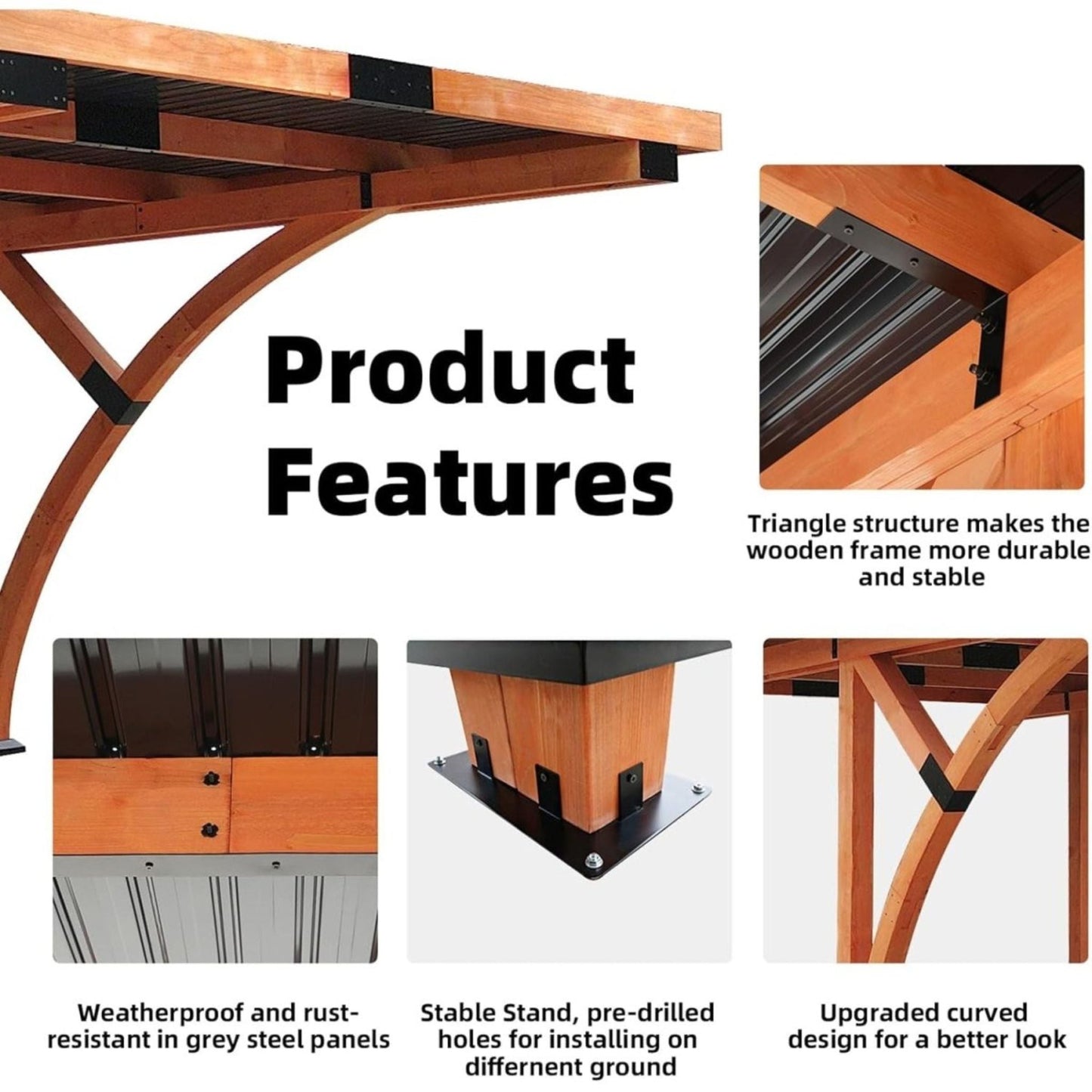 12FT x 18FT Alora Premium Heavy-Duty Pine Wood Arc-Shaped Carport with Metal Roof