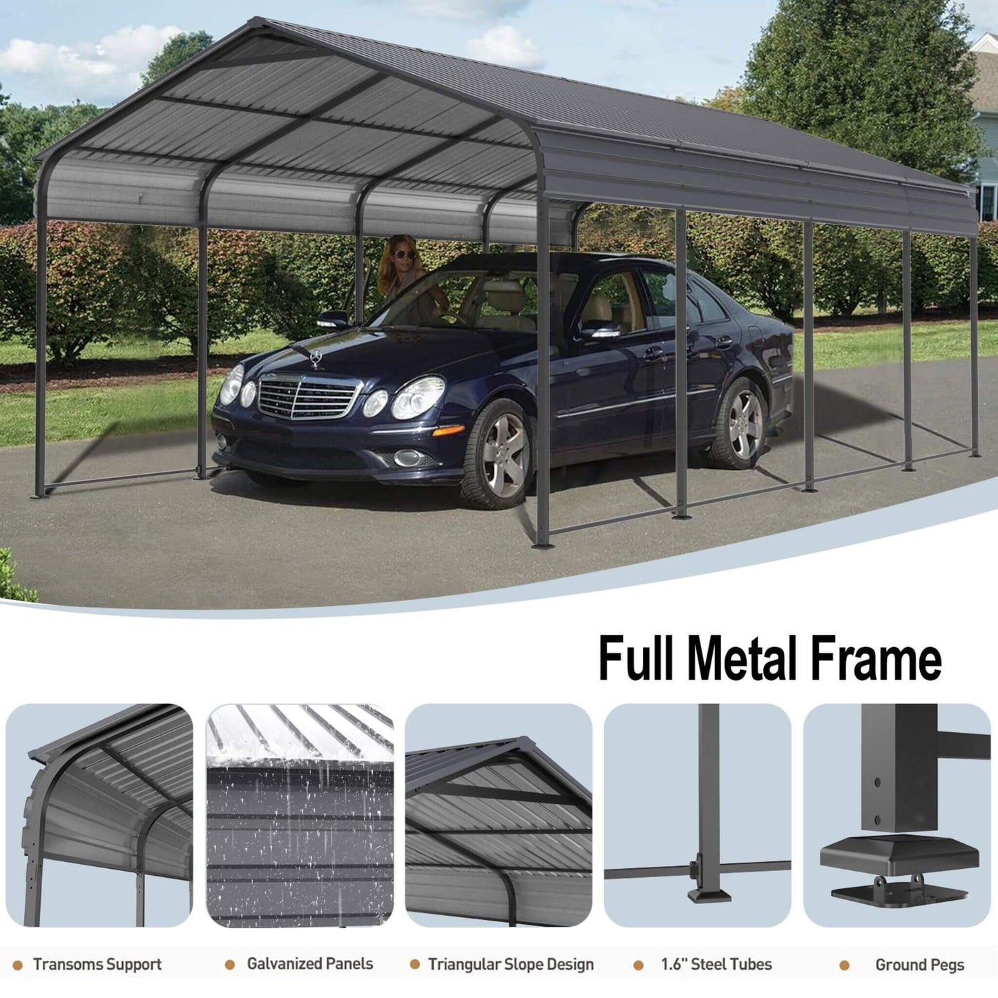 12' x 20' FT Alora Heavy-Duty Metal Carport With Galvanized Steel Roof