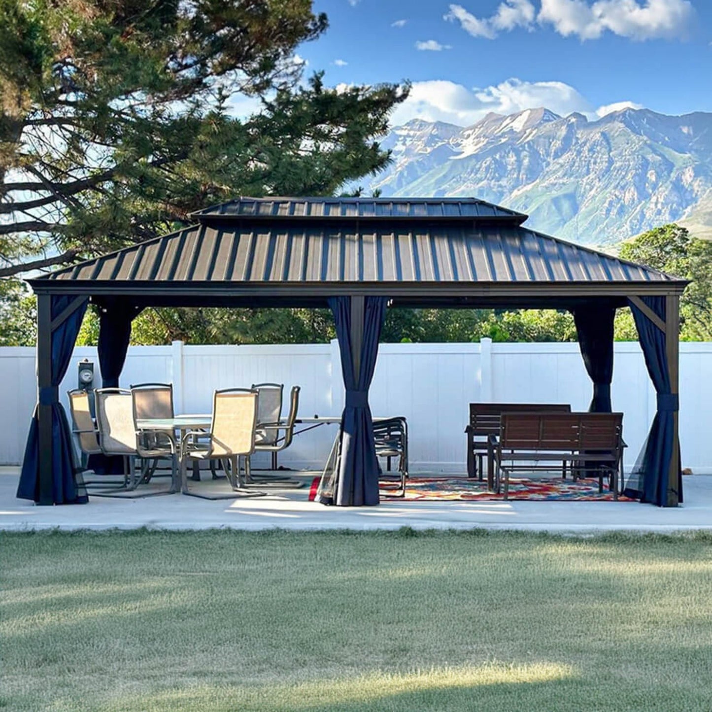 12' x 20' FT Heavy-Duty Outdoor Backyard Hardtop Gazebo With Netting And Curtains