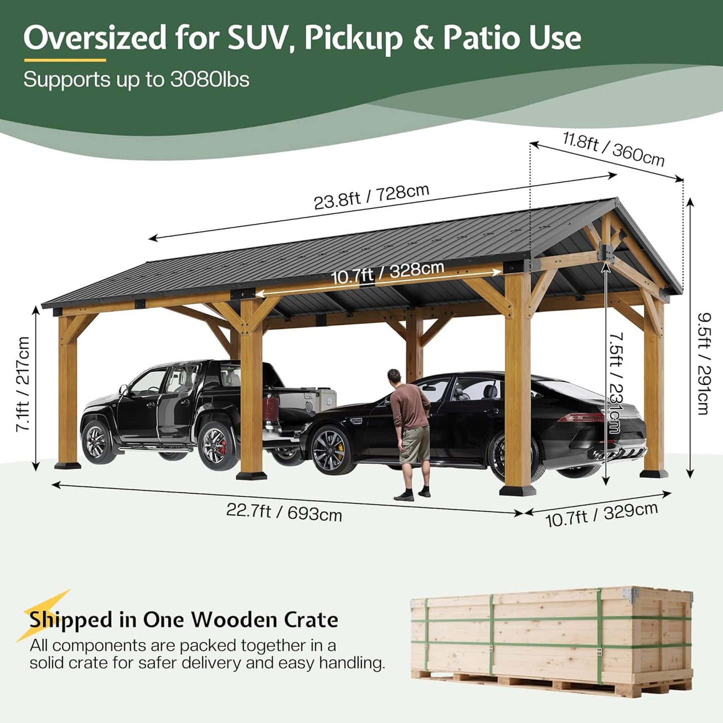 12' x 24' FT Alora Large Heavy-Duty Outdoor Cedar Wood Hardtop Carport With Galvanized Steel Roof