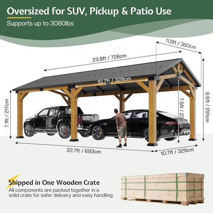 12' x 24' FT Alora Large Heavy-Duty Outdoor Cedar Wood Hardtop Carport With Galvanized Steel Roof