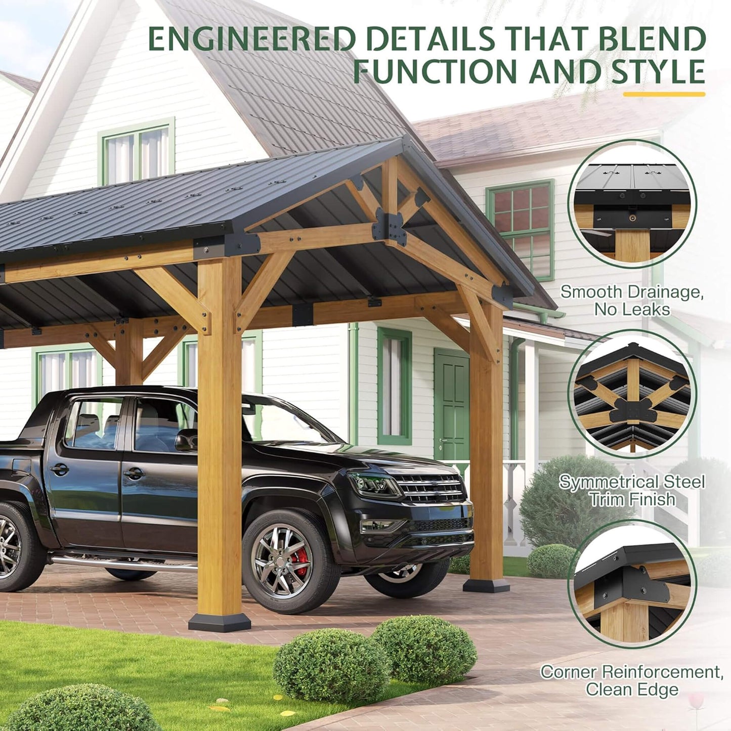 12' x 24' FT Alora Large Heavy-Duty Outdoor Cedar Wood Hardtop Carport With Galvanized Steel Roof